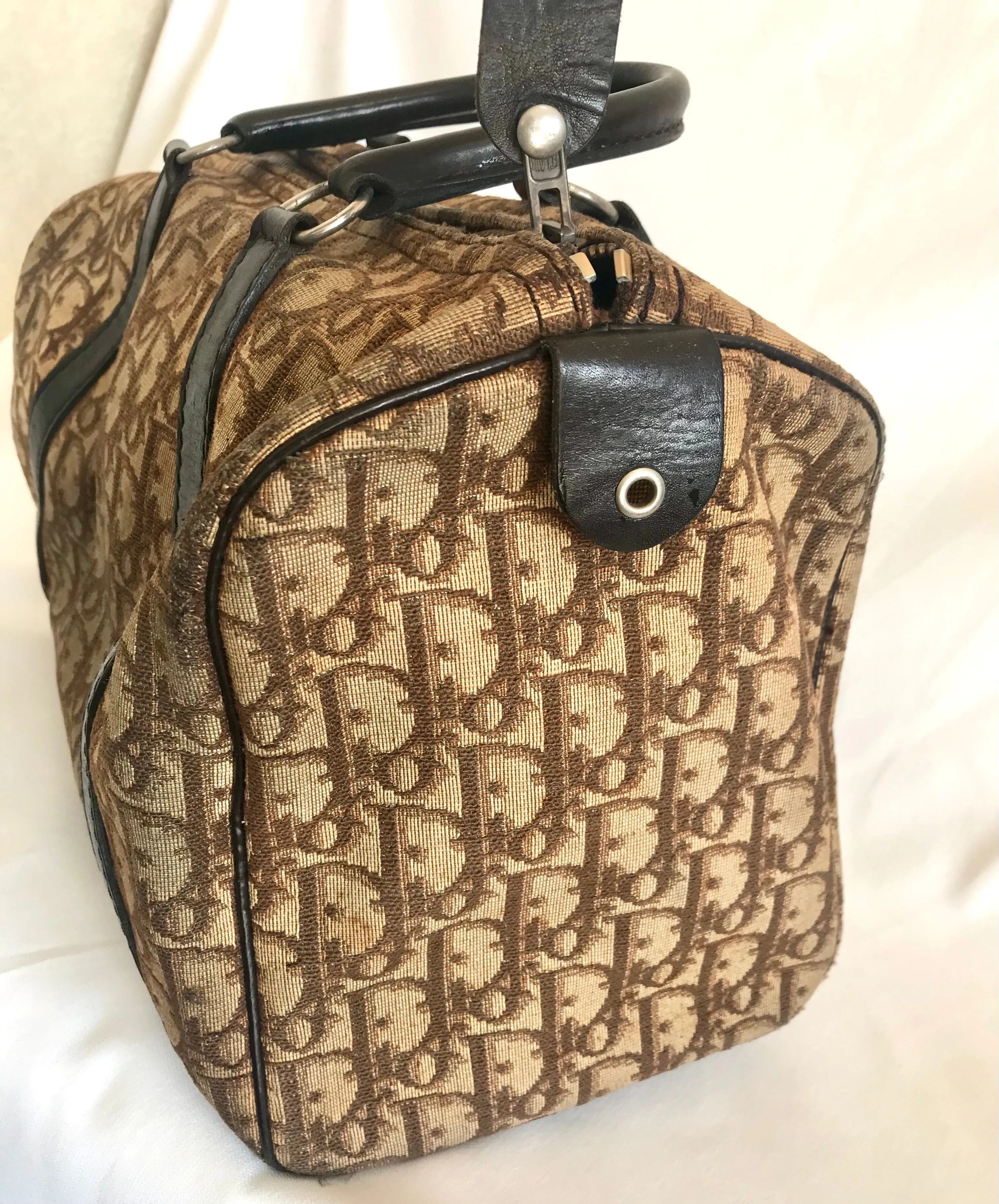 70's vintage Christian Dior brown trotter jacquard handbag. ECLAIR zippers. Classic mini speedy duffle bag.