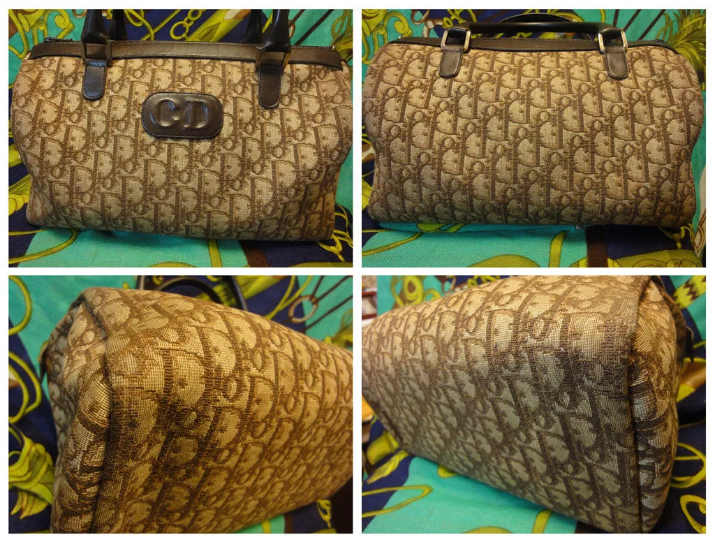 70's vintage Christian Dior brown trotter jacquard handbag with the CD motif. Modele Exclusif. ECLAIR zippers. Classic mini speedy duffle