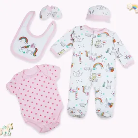 Baby Moo Unicorn Rainbow Infant Essentials 5 pcs Romper Gift Set - Pink