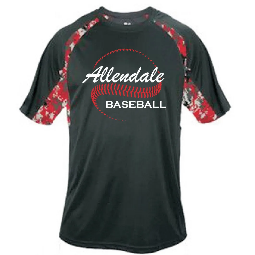 BASEBALL BLACK MOISTURE WICKING T-SHIRT with RED DIGITAL CAMO TRIM