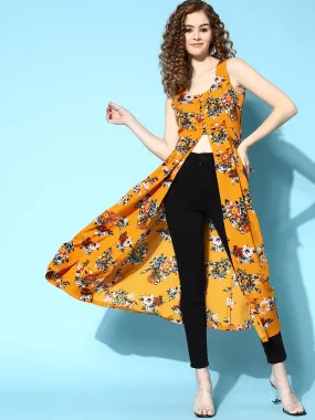 Berrylush Women Mustard Yellow Floral Printed Round Neck Front Slit Flared A-Line Calf Length Kurta