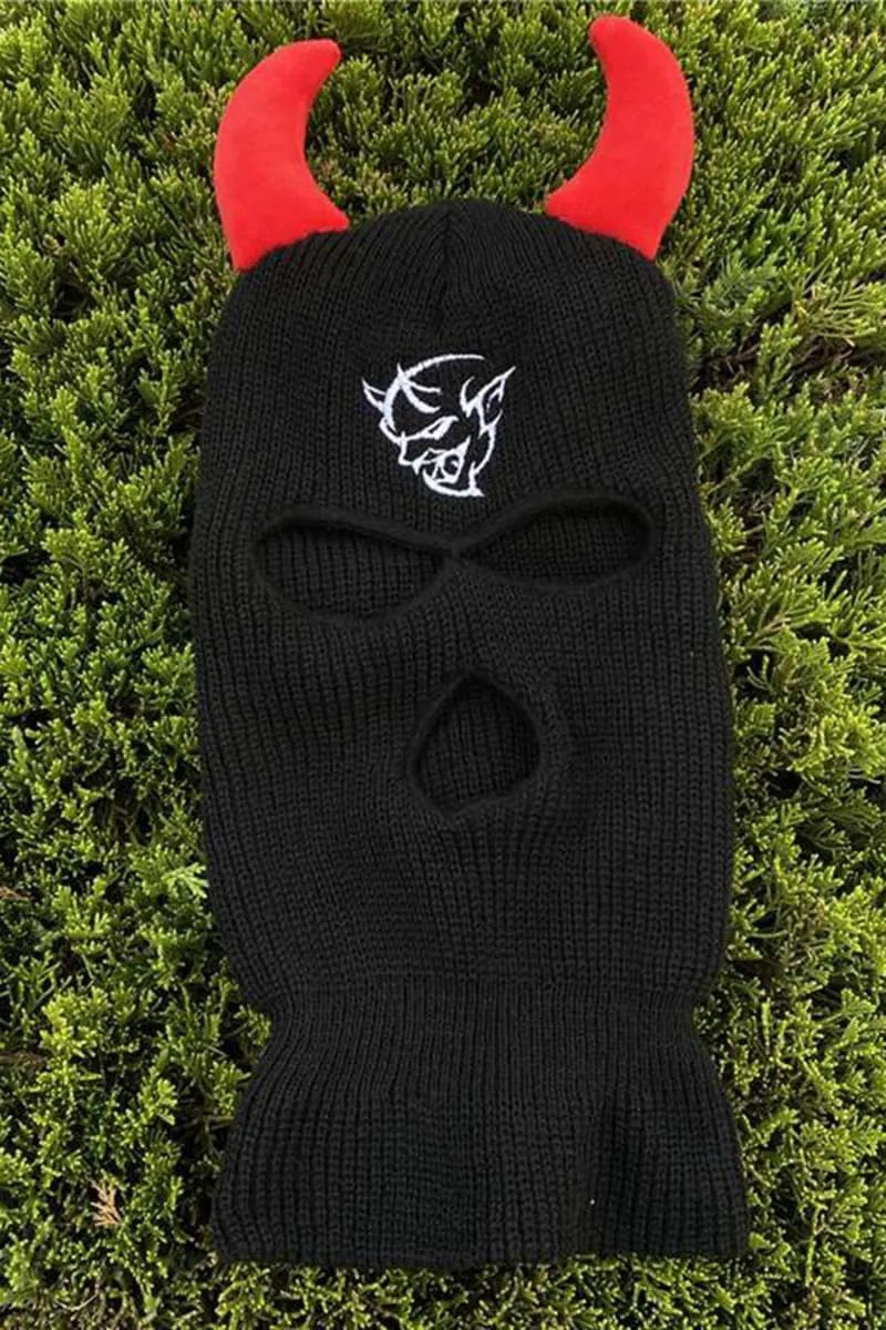 Black Demon Embroidery Ski Mask With Red Horns