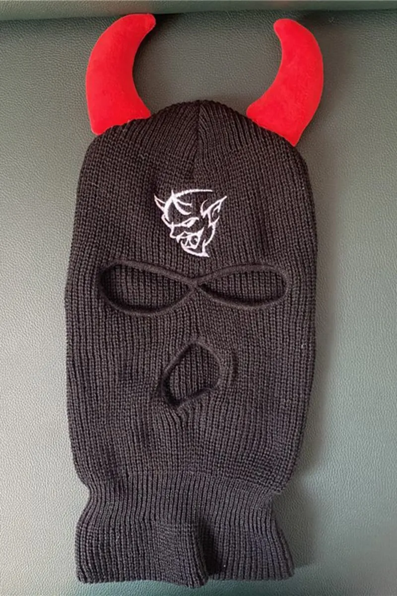 Black Demon Embroidery Ski Mask With Red Horns