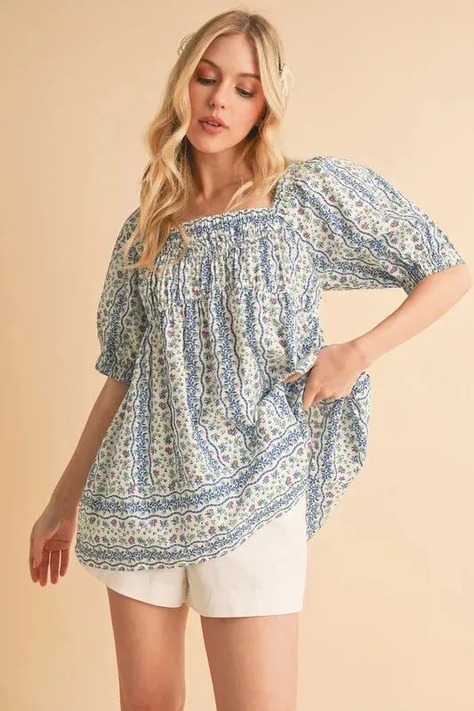 Blue Floral Babydoll Smocked Cotton Top