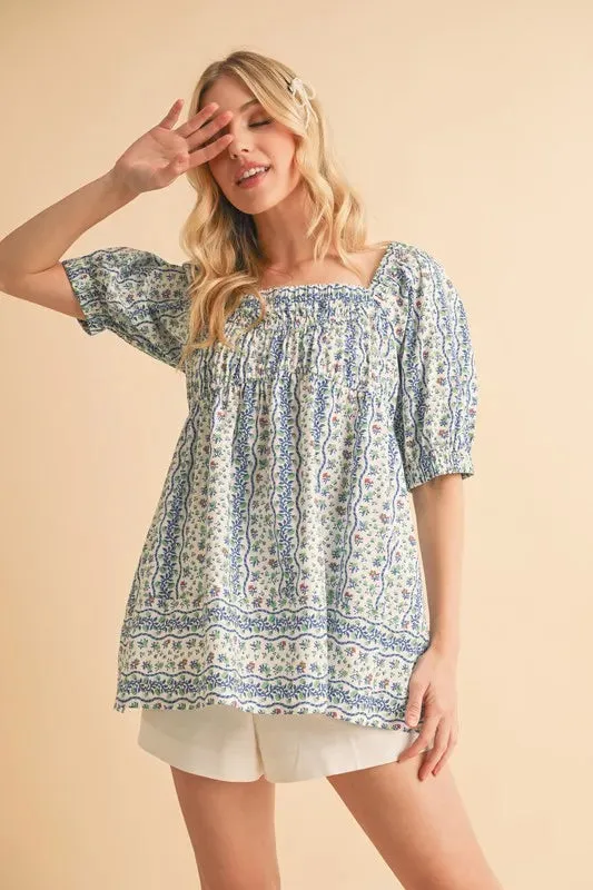 Blue Floral Babydoll Smocked Cotton Top