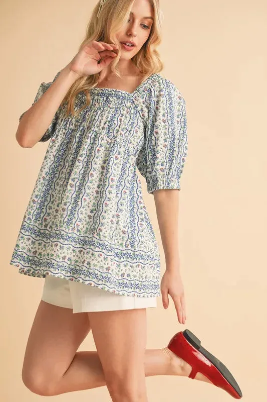 Blue Floral Babydoll Smocked Cotton Top