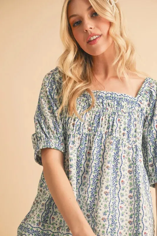 Blue Floral Babydoll Smocked Cotton Top