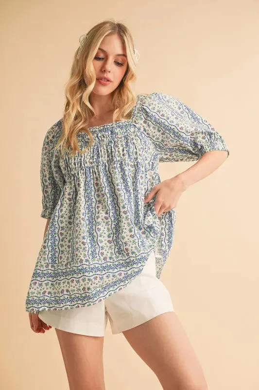 Blue Floral Babydoll Smocked Cotton Top