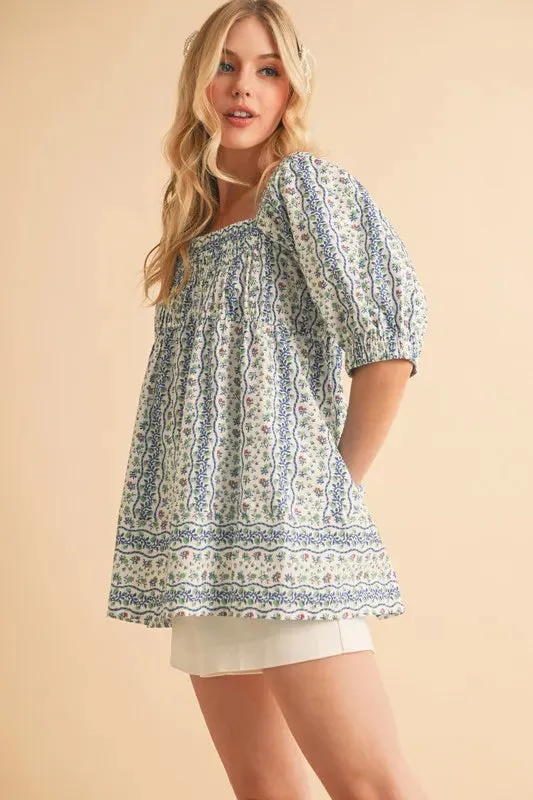 Blue Floral Babydoll Smocked Cotton Top