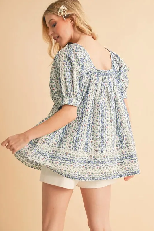 Blue Floral Babydoll Smocked Cotton Top