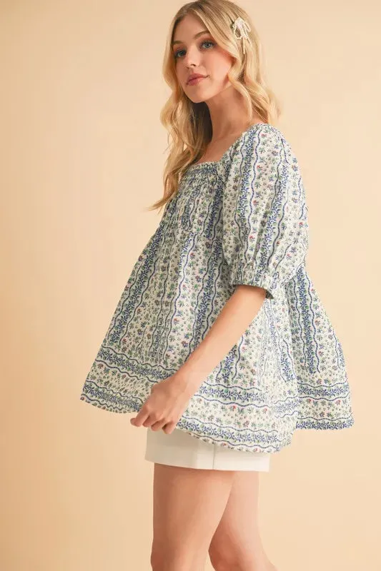 Blue Floral Babydoll Smocked Cotton Top