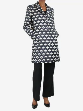 Blue floral-printed lurex-trim coat - size UK 6