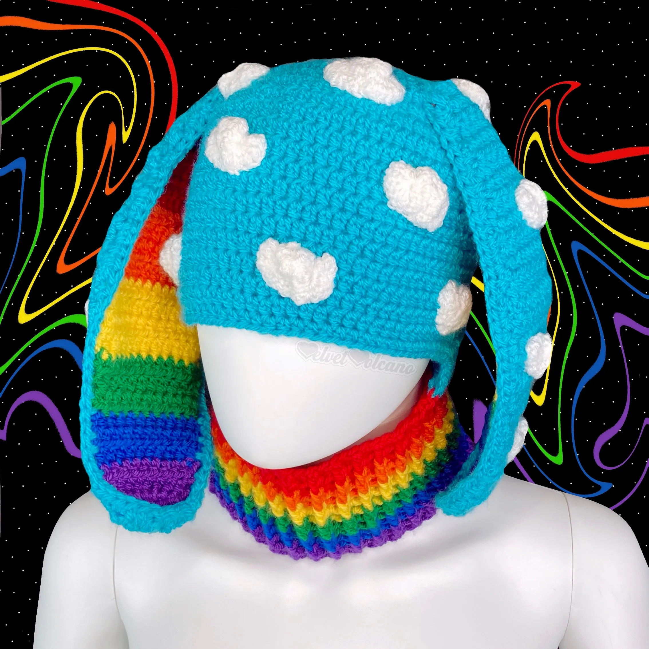 Bright Rainbow Cloud Bunny Balaclava (Dolphin Blue)
