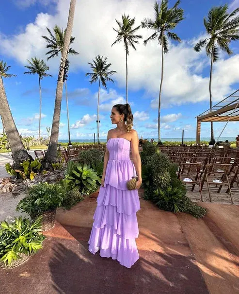 Dress Strapless A Line Purple Long Prom Dress Layered Wedding Guest Dress Elegant Evening Party Dress
