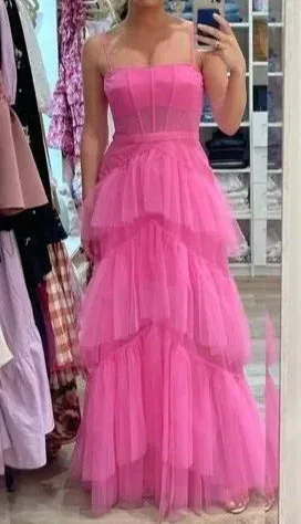 Dress Wholesale Hot Pink Layered Ruffles Evening Gown A Line Tulle Long Prom Dress