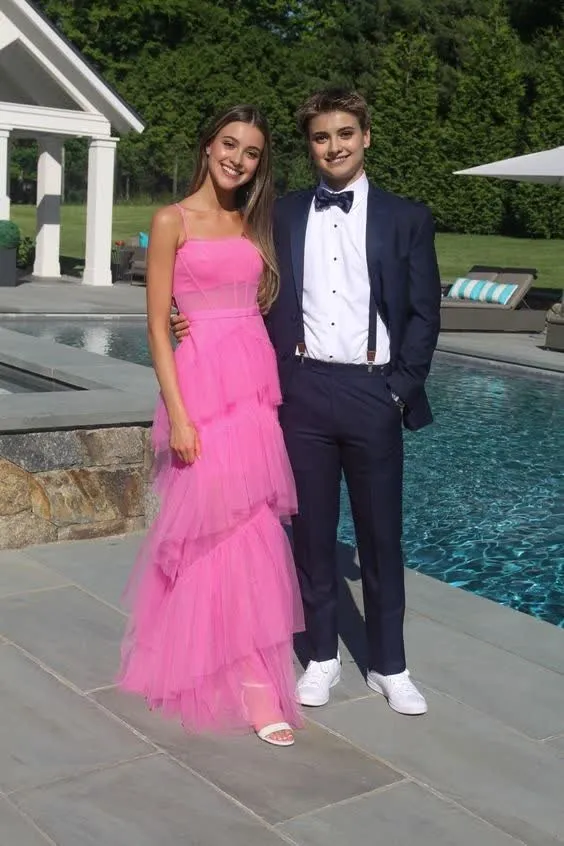Dress Wholesale Hot Pink Layered Ruffles Evening Gown A Line Tulle Long Prom Dress
