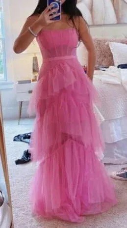 Dress Wholesale Hot Pink Layered Ruffles Evening Gown A Line Tulle Long Prom Dress