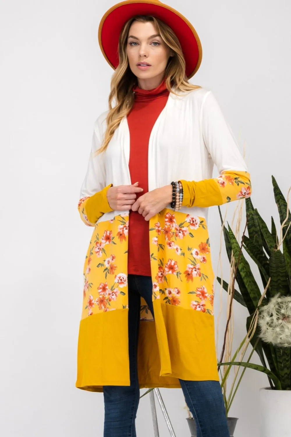Floral Color Block Ivory/Mustard Open Front Cardigan