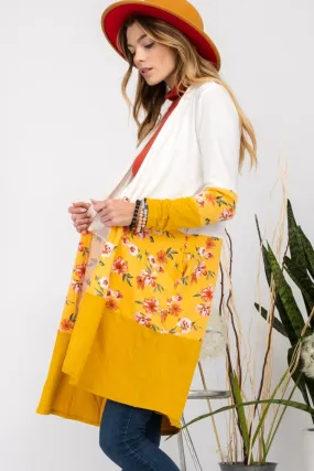 Floral Color Block Ivory/Mustard Open Front Cardigan