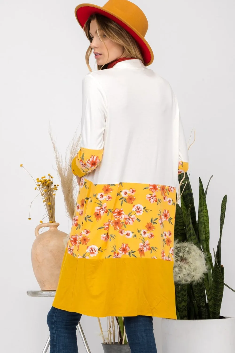 Floral Color Block Ivory/Mustard Open Front Cardigan