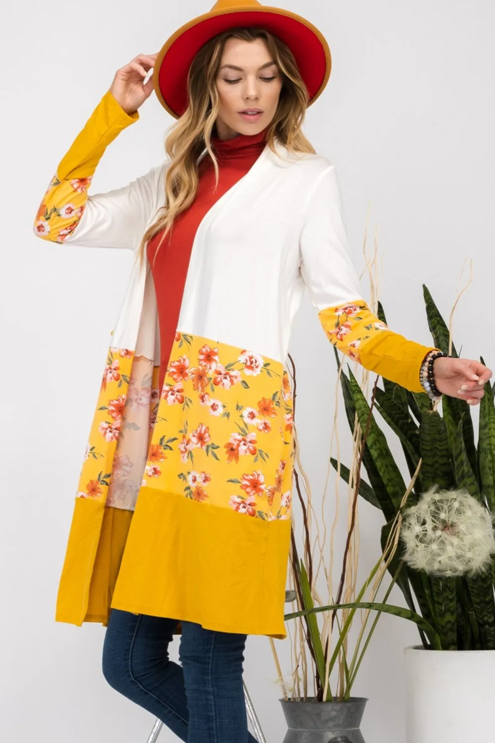 Floral Color Block Ivory/Mustard Open Front Cardigan