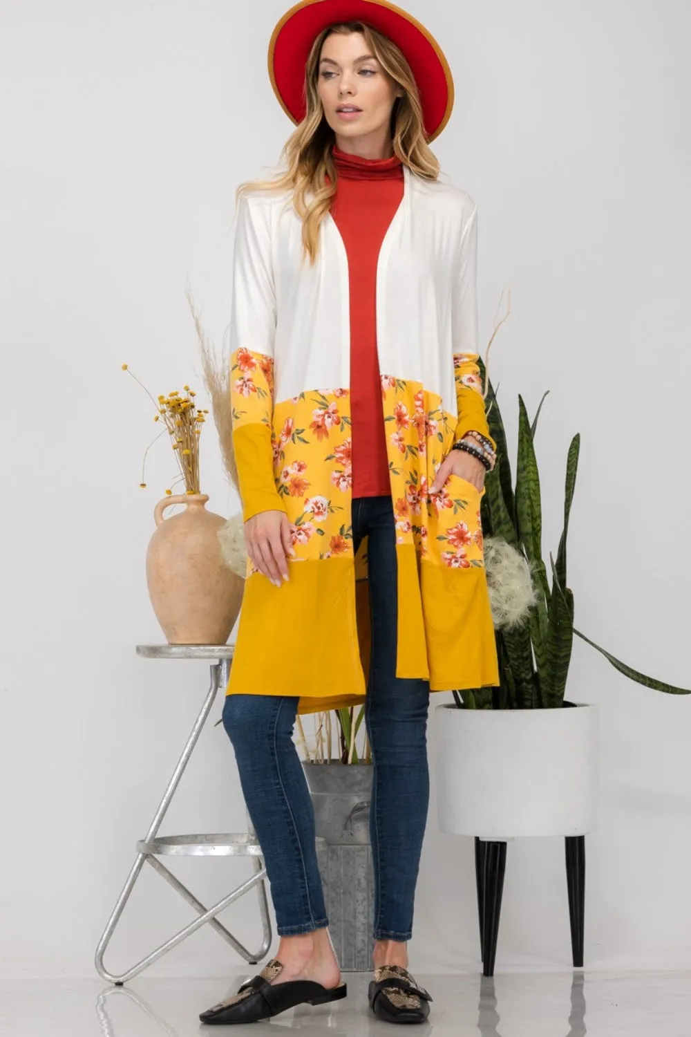 Floral Color Block Ivory/Mustard Open Front Cardigan
