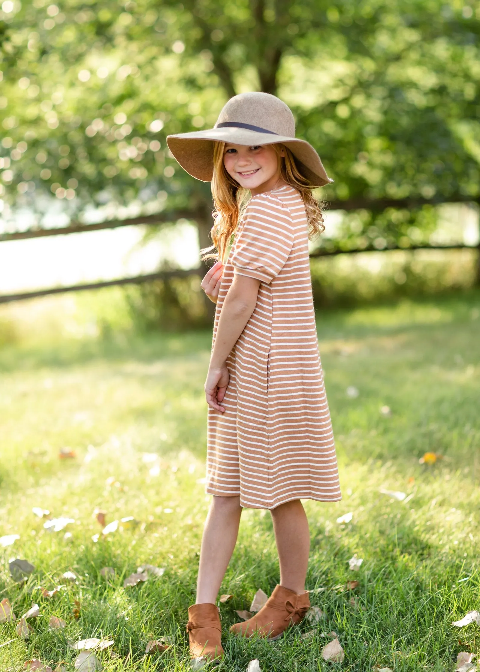 Girls Mustard Striped Midi Dress
