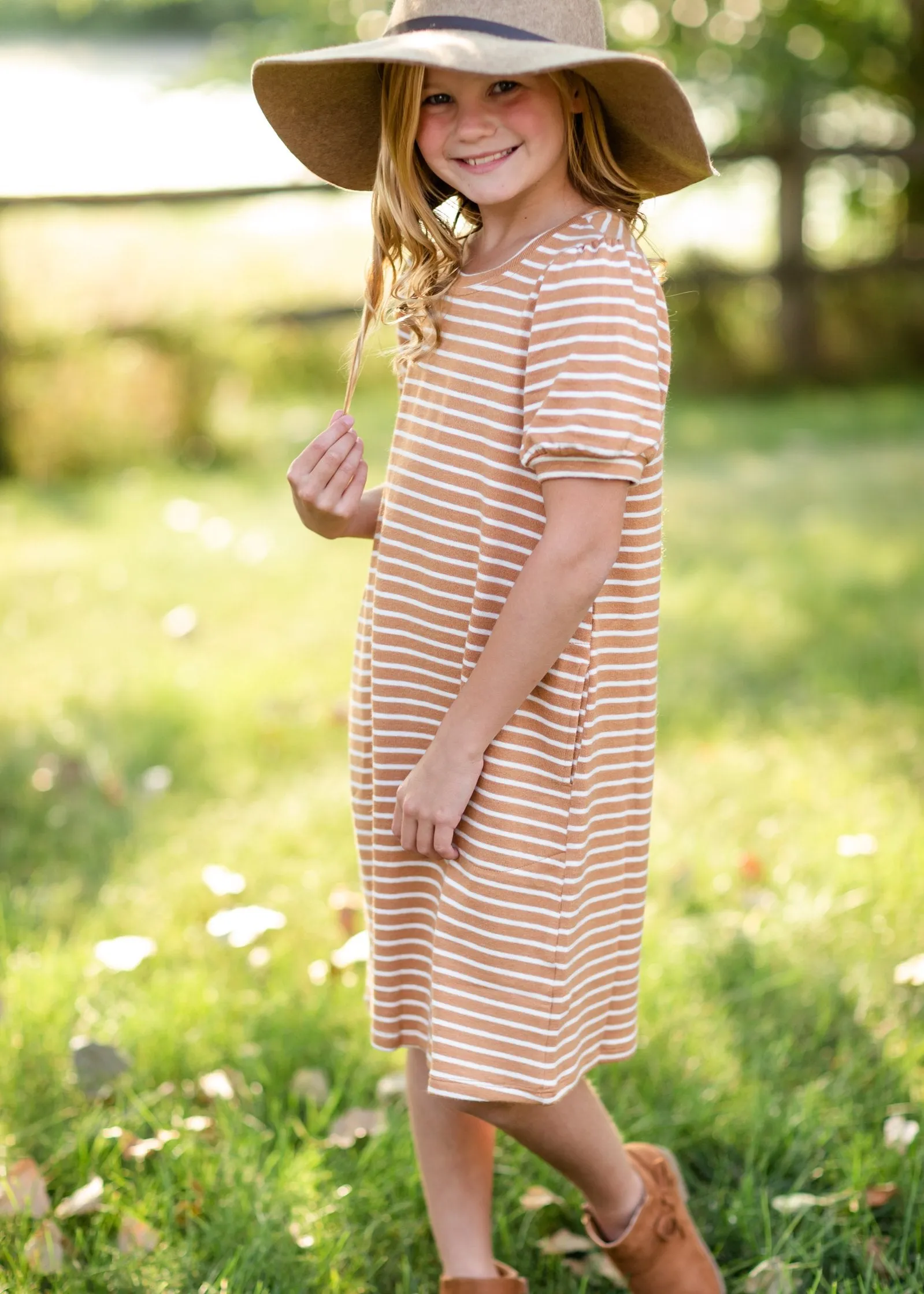 Girls Mustard Striped Midi Dress