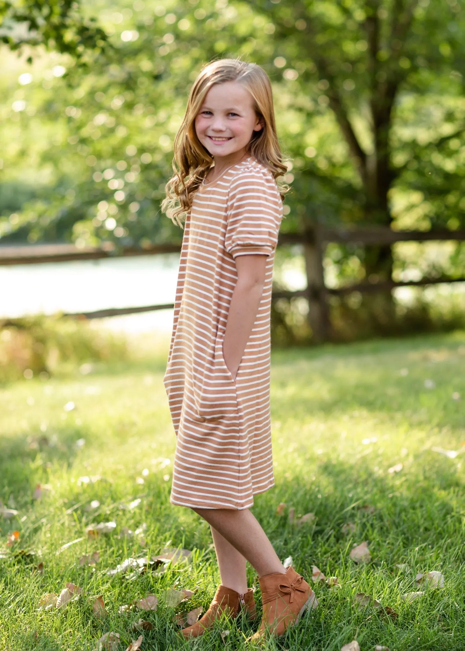 Girls Mustard Striped Midi Dress