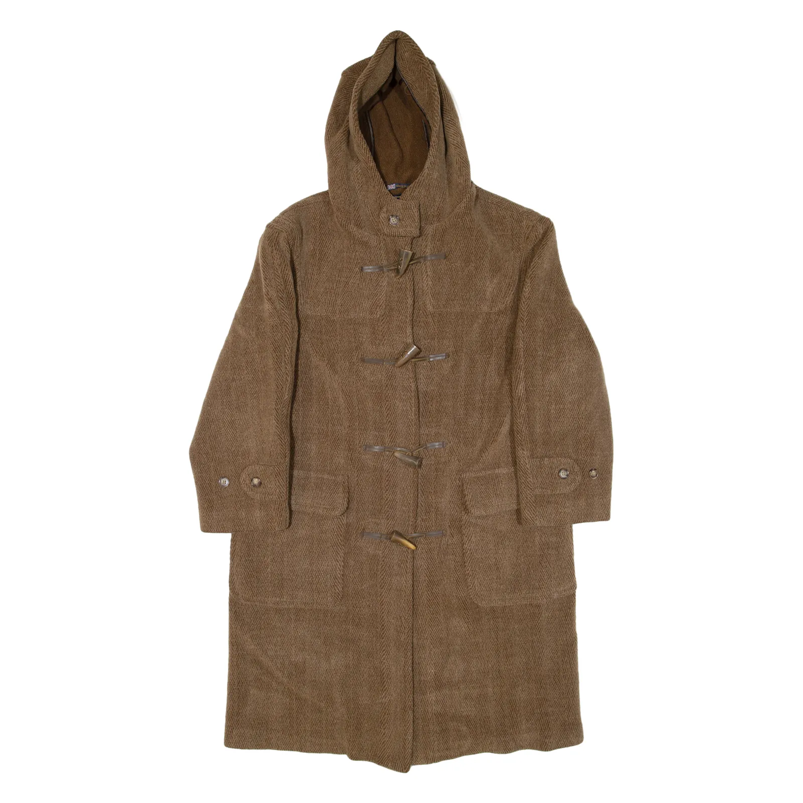 GLOVERALL Womens Duffle Coat Brown Knit Wool Hooded Herringbone L