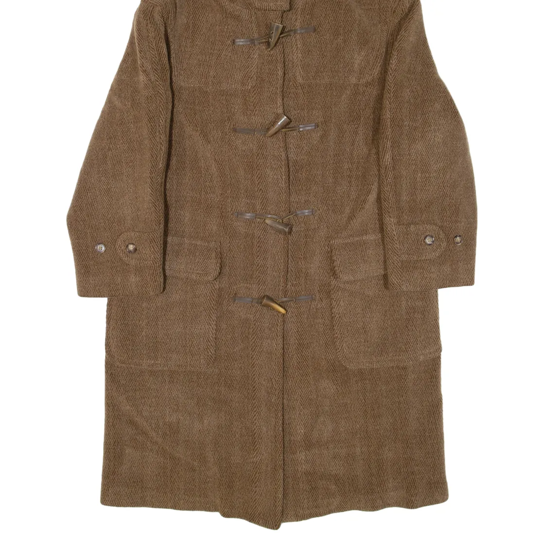 GLOVERALL Womens Duffle Coat Brown Knit Wool Hooded Herringbone L