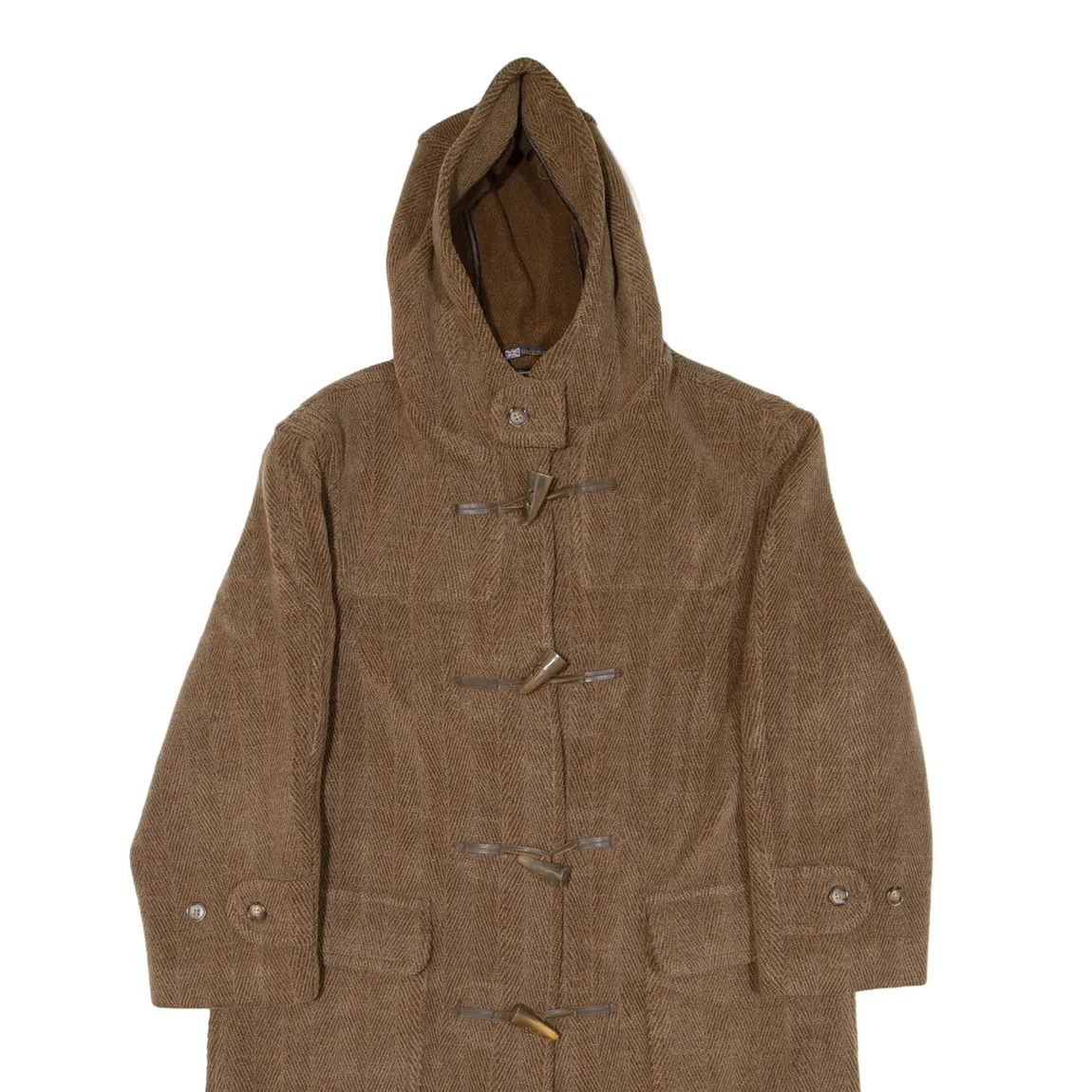 GLOVERALL Womens Duffle Coat Brown Knit Wool Hooded Herringbone L