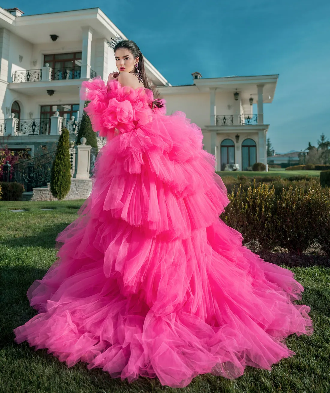 Jaylee Pink Long Strapless Layered Evening Dress