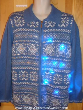 Light Up Christmas Sweater Blue Nordic Snowflakes