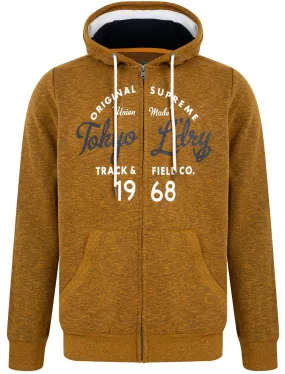 Lowell Motif Zip Through Fleece Hoodie In Bronze Brown Siro - Tokyo Laundry