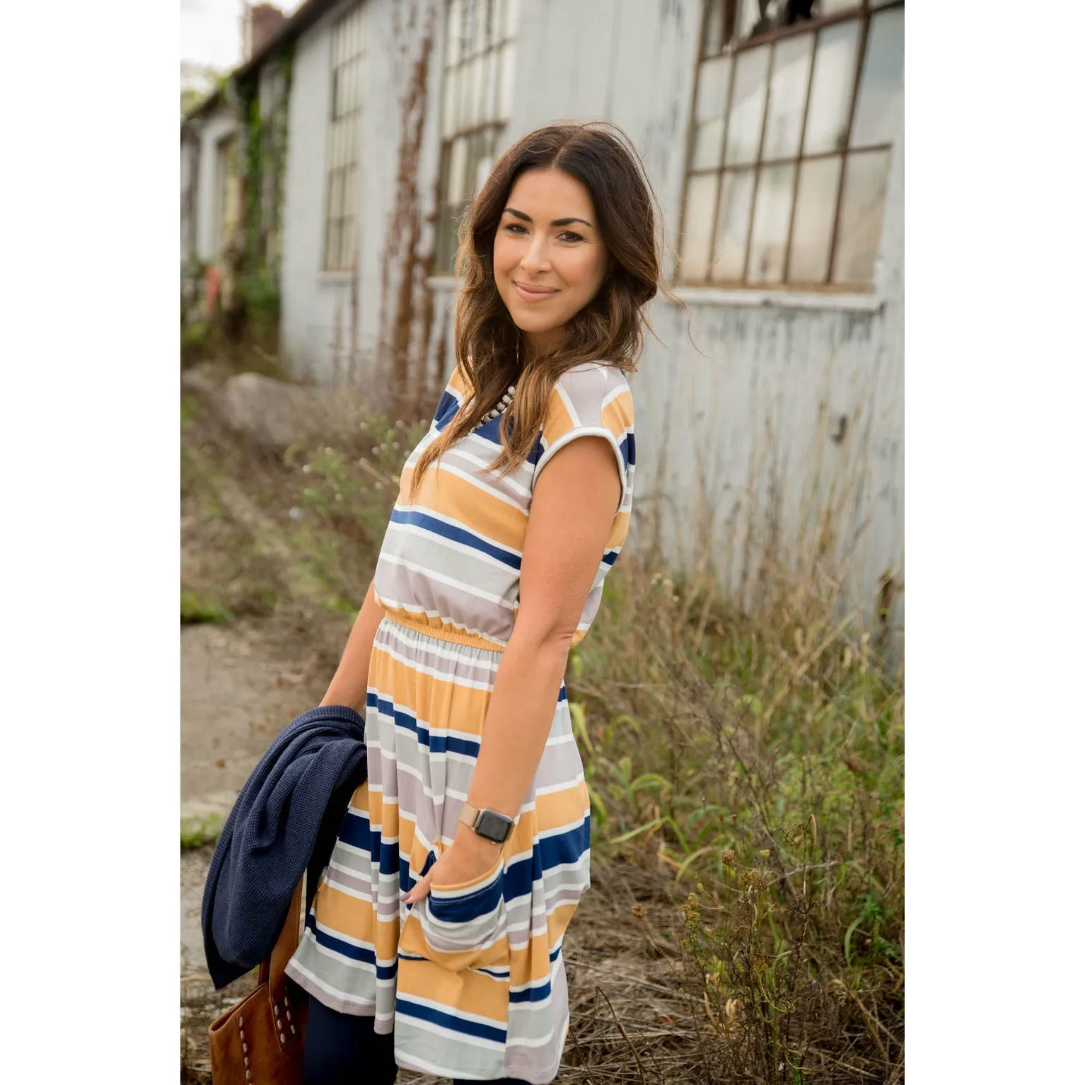 Mixed Stripe Pocket Tee Dress