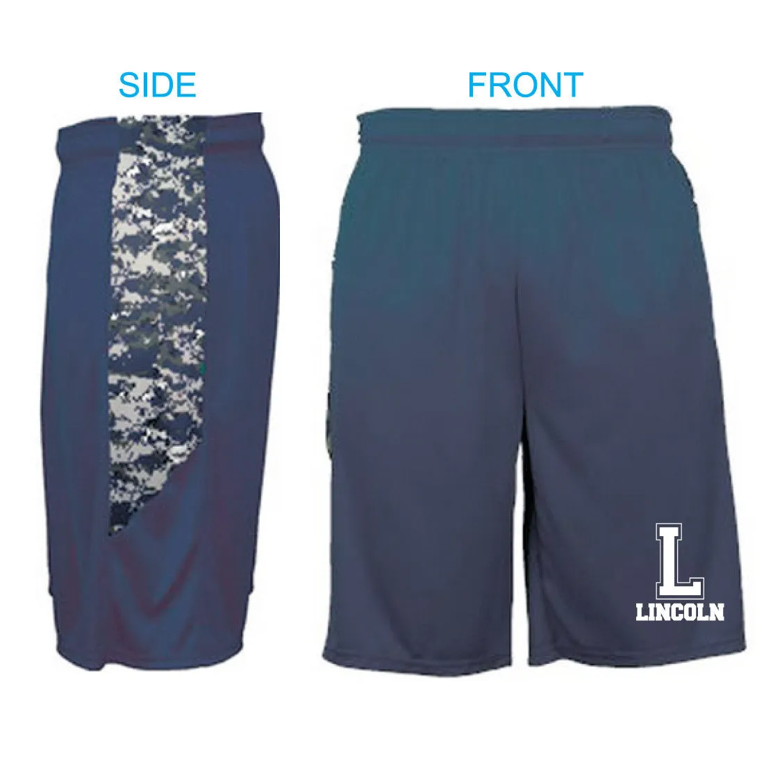 MOISTURE WICKING SHORTS w/POCKETS /  NAVY w/ DIGITAL CAMO TRIM