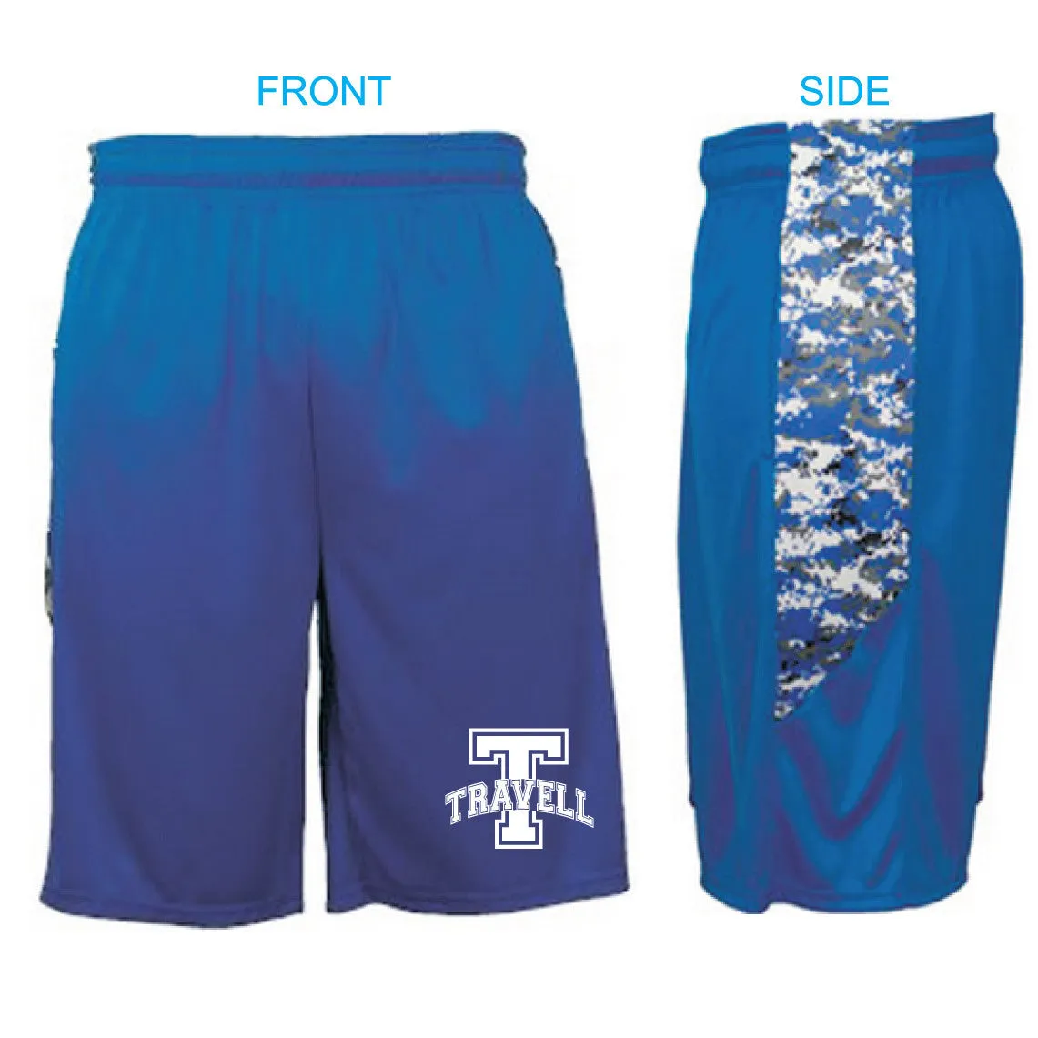 MOISTURE WICKING SHORTS w/POCKETS /  ROYAL BLUE w/ DIGITAL CAMO TRIM