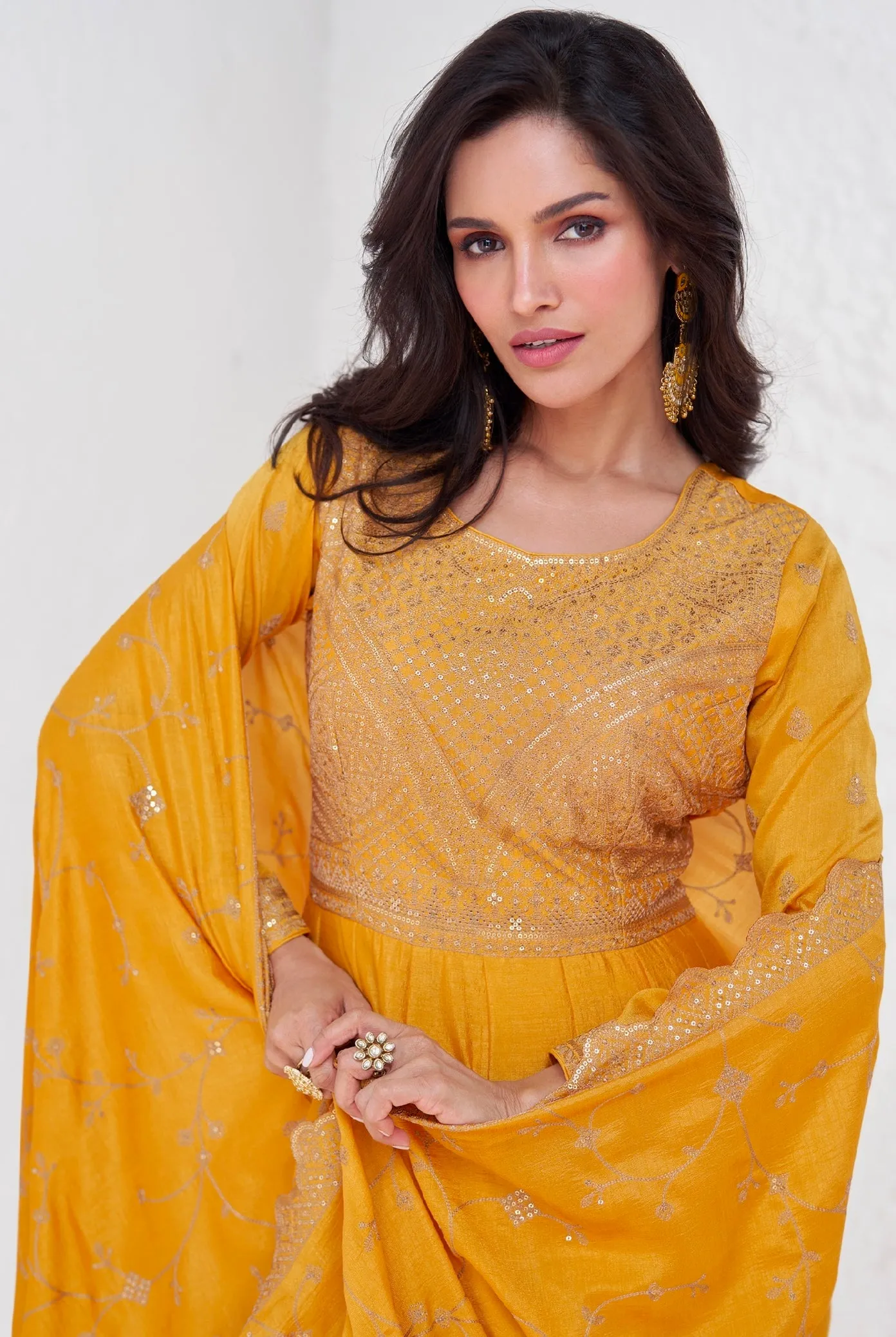 Mustard Yellow Embroidered Premium Silk Anarkali Suit with Dupatta