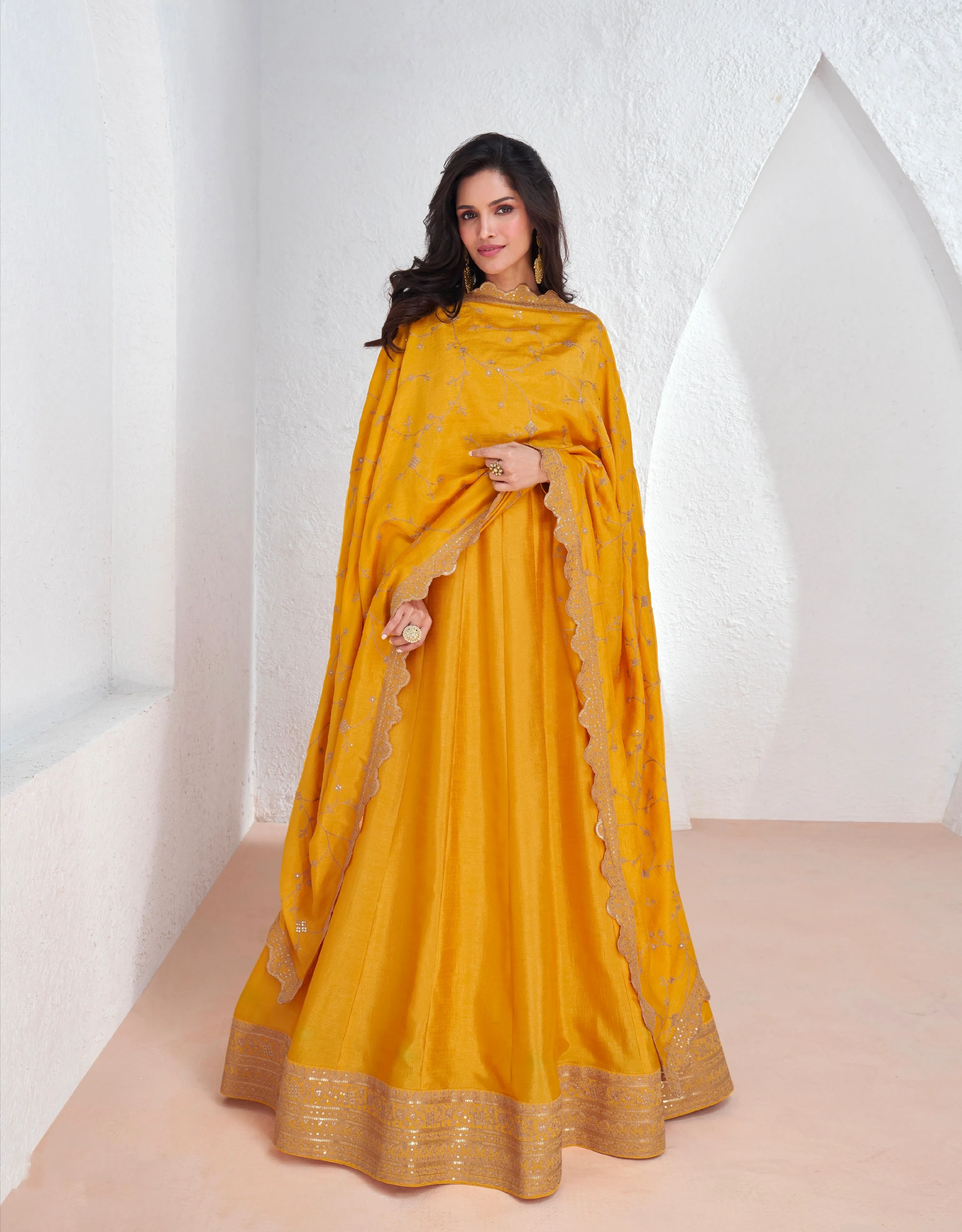 Mustard Yellow Embroidered Premium Silk Anarkali Suit with Dupatta