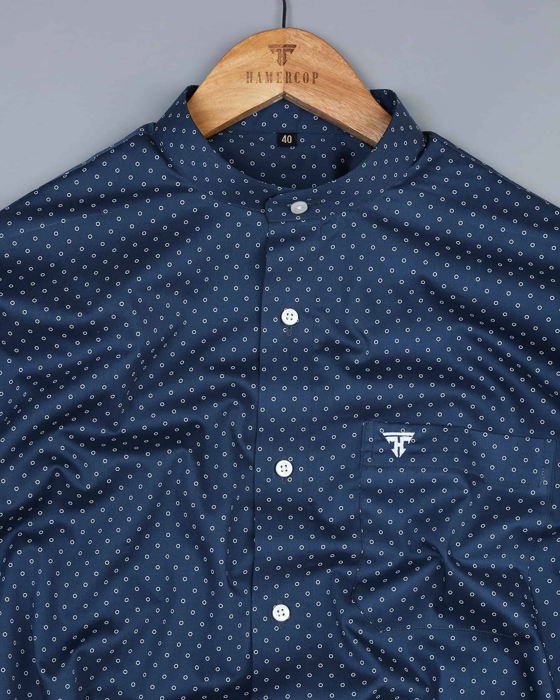NavyBlue With White Small Polka Printed Gizza Cotton Shirt