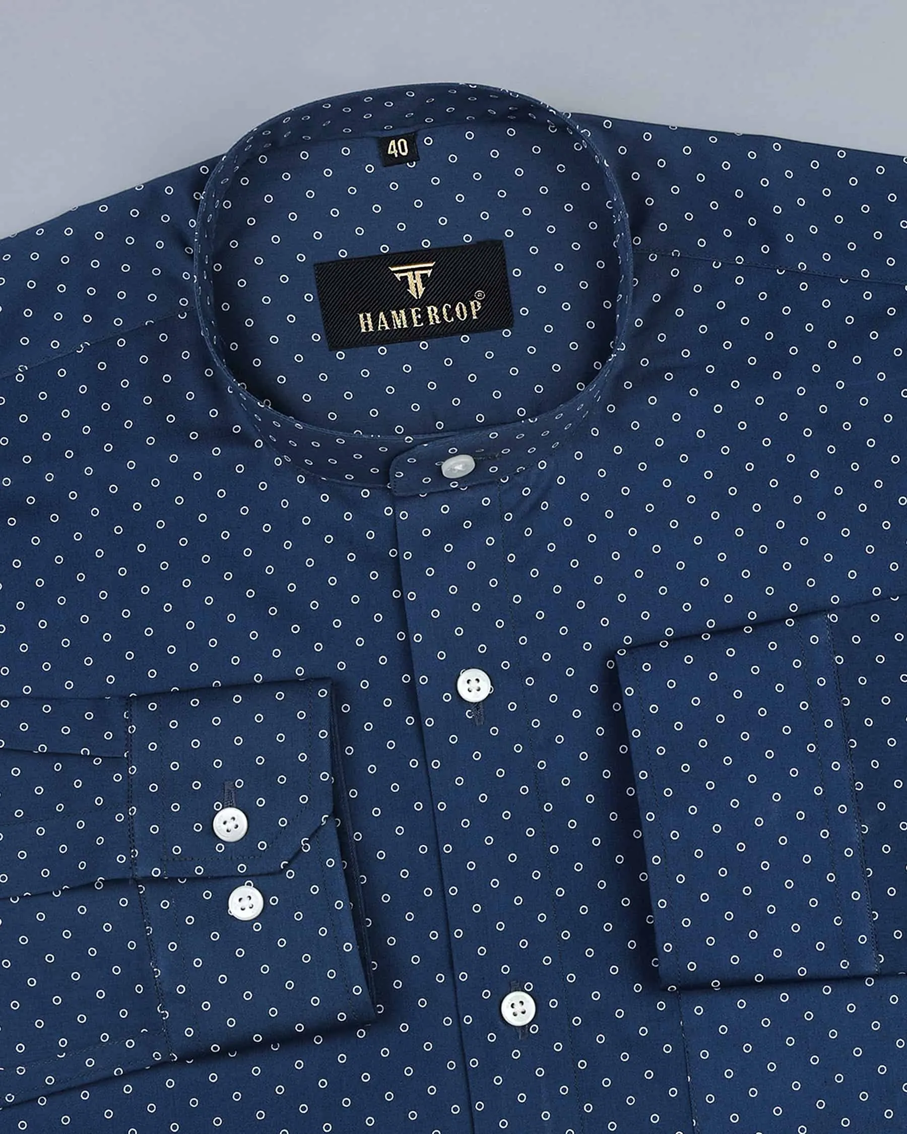 NavyBlue With White Small Polka Printed Gizza Cotton Shirt