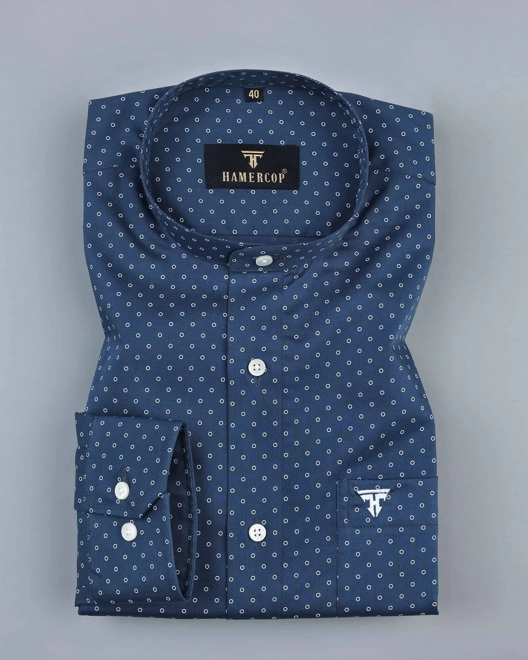 NavyBlue With White Small Polka Printed Gizza Cotton Shirt