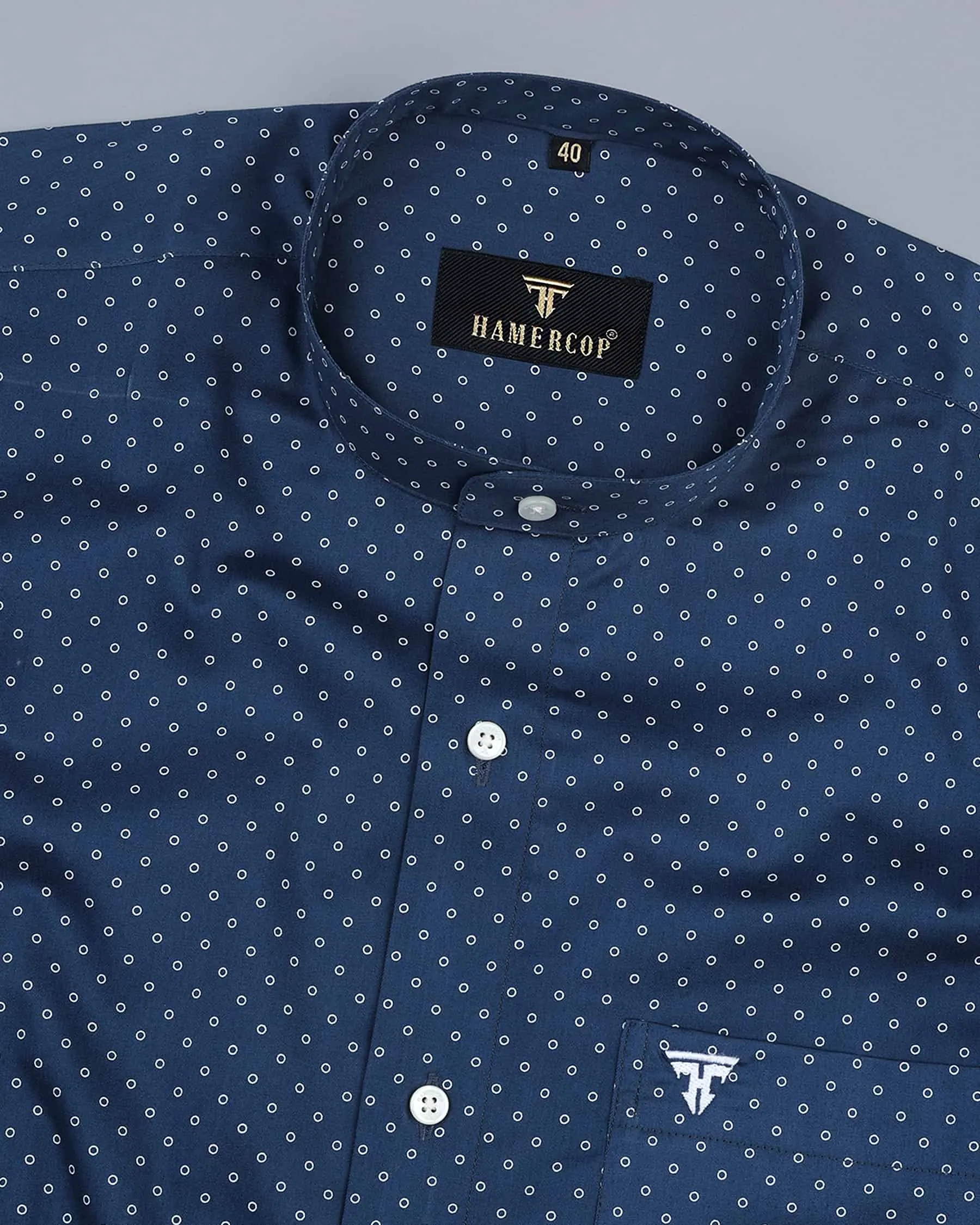 NavyBlue With White Small Polka Printed Gizza Cotton Shirt