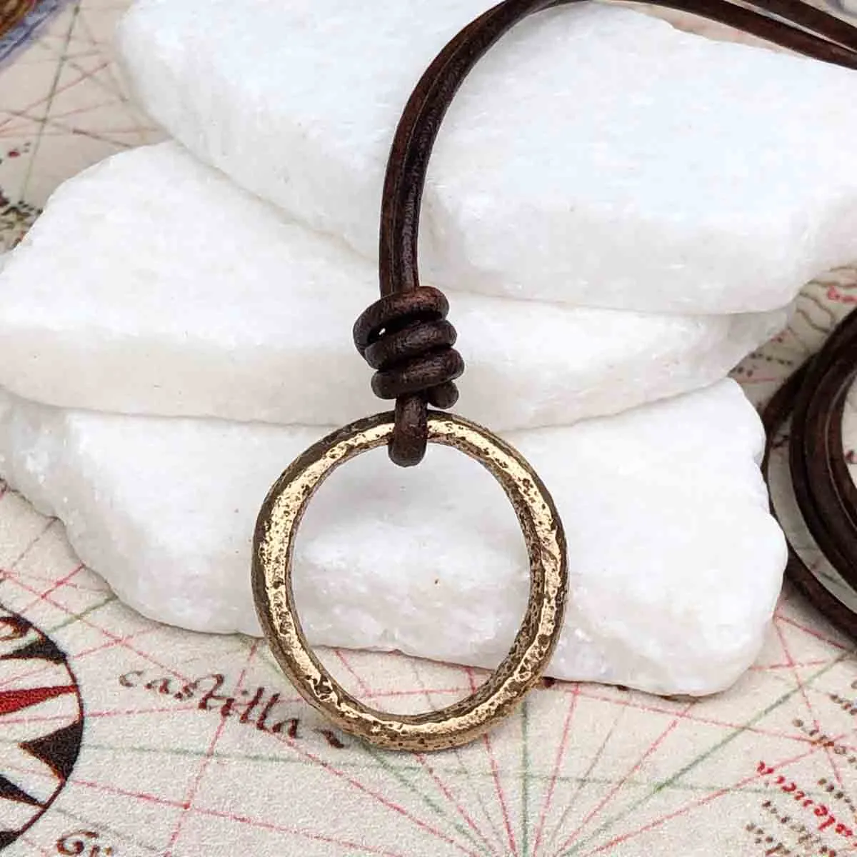 Oval Red Golden Bronze Celtic Ring Money Leather Necklace | Artifact #3397