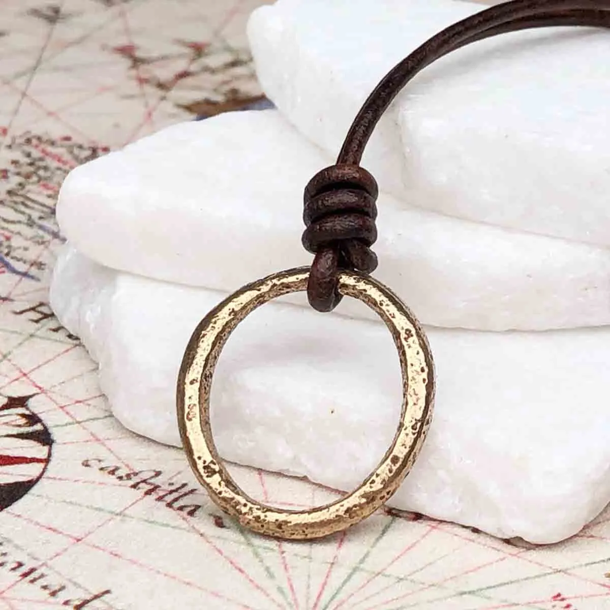 Oval Red Golden Bronze Celtic Ring Money Leather Necklace | Artifact #3397