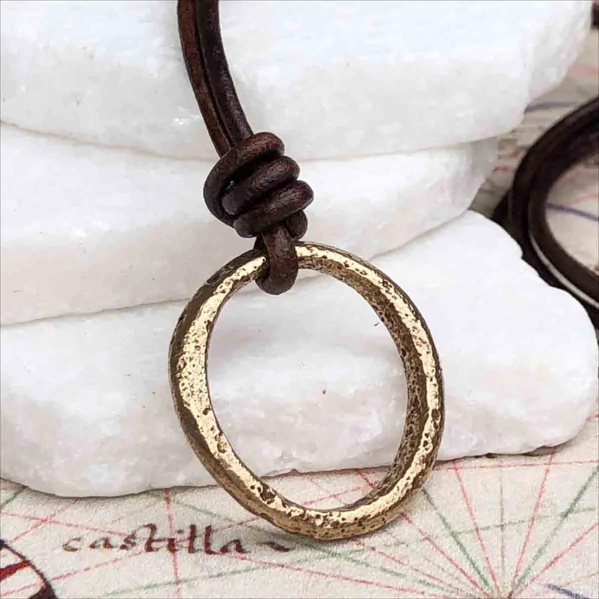 Oval Red Golden Bronze Celtic Ring Money Leather Necklace | Artifact #3397