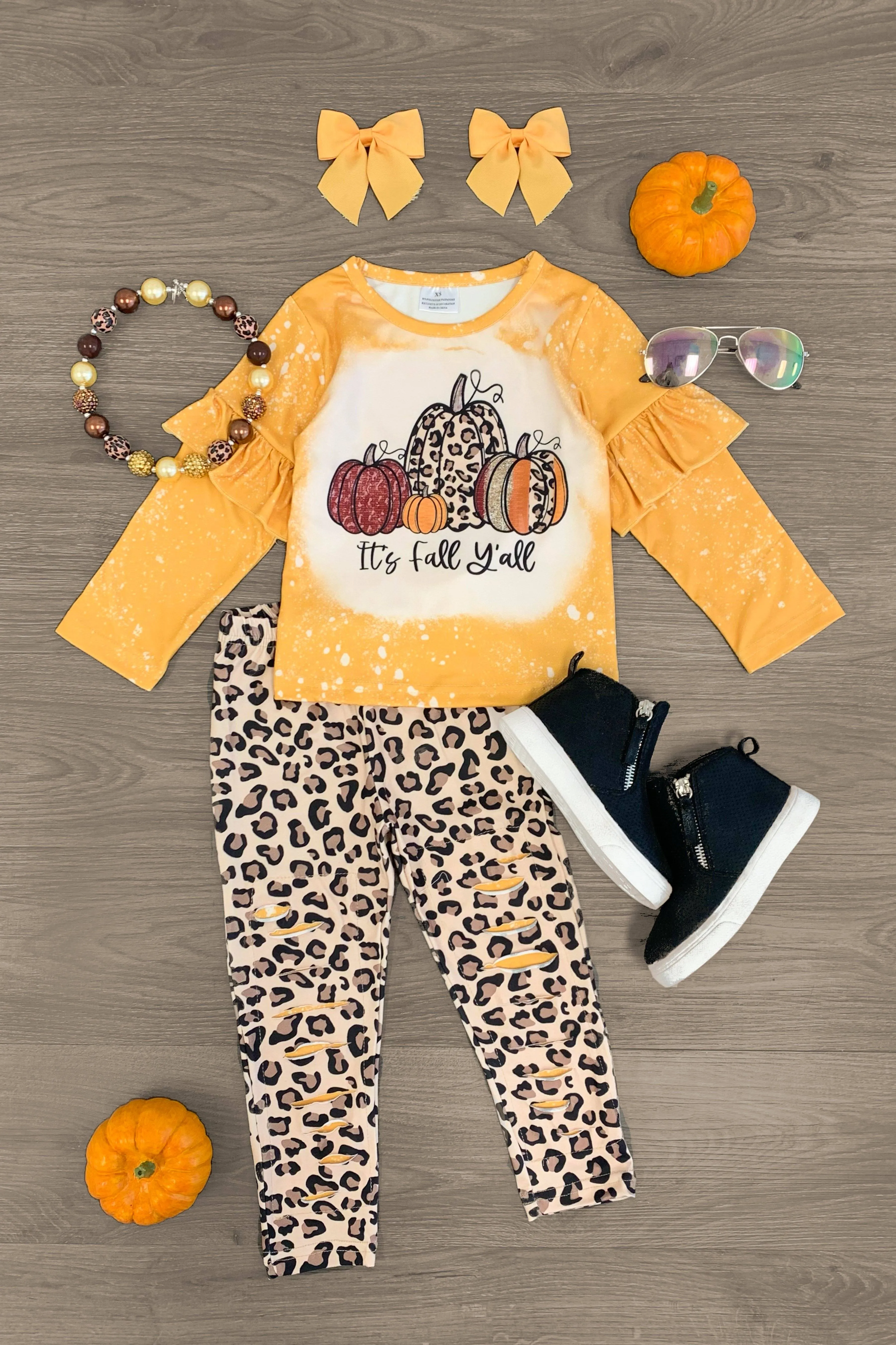 "It's Fall Y'all" Mustard Cheetah Distressed Legging Set
