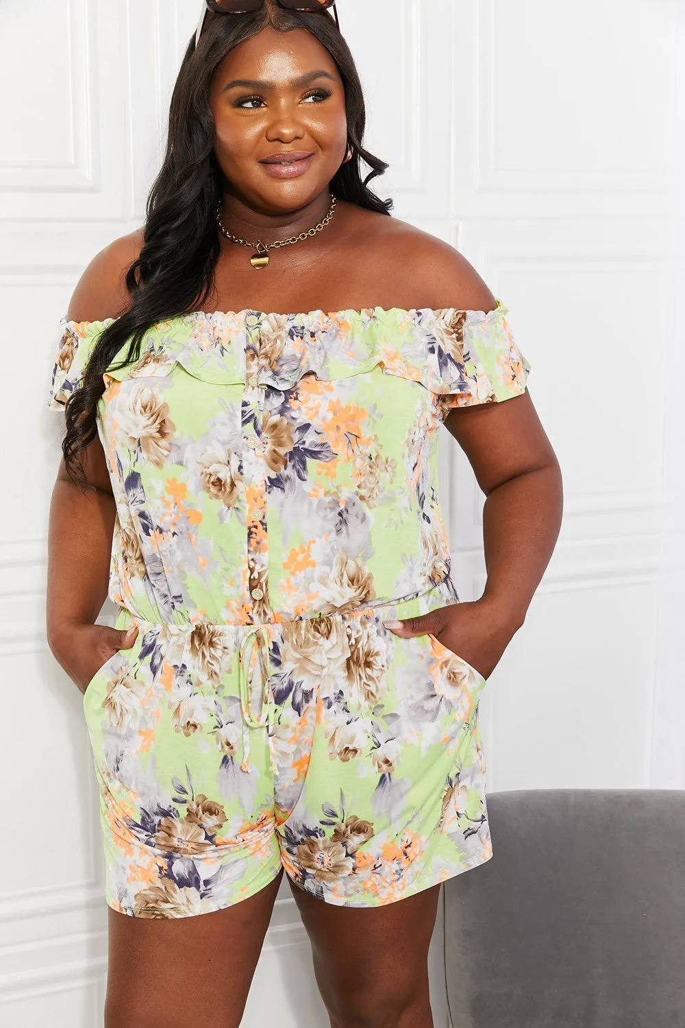 Sew In Love Full Size Pure Delight Floral Off-Shoulder Romper - Ships from The US