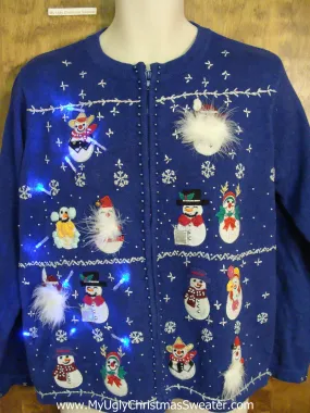 Snowman Army Lineup Light Up Ugly Xmas Sweater